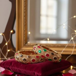 Elegant Golden Bangles with Multicolor Stones – Traditional Jewelry for Women