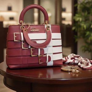 Luxury Ladies Handbag – Maroon & White Striped Design | Stylish Shoulder & Hand Carry Bag for Women | Fashionable Daily & Party Wear Purse